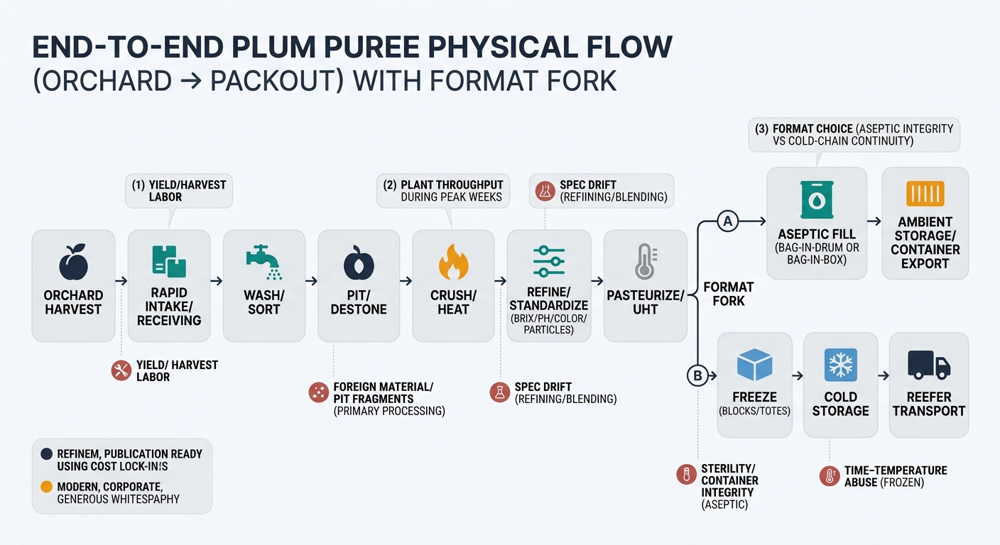 A left-to-right supply chain flow showing: Orchard Harvest → Rapid Intake/Receiving → Wash/Sort → Pit/Destone → Crush/Heat → Refine/Standardize (Brix/pH/color/particles) → Pasteurize/UHT → format fork to (A) aseptic fill (bag-in-drum or bag-in-box) → ambient storage/container export or (B) freeze (blocks/totes) → cold storage → reefer transport, with callouts for three cost lock-in points and icons for key failure modes (foreign material/pit fragments, spec drift, sterility/container integrity, time–temperature abuse).