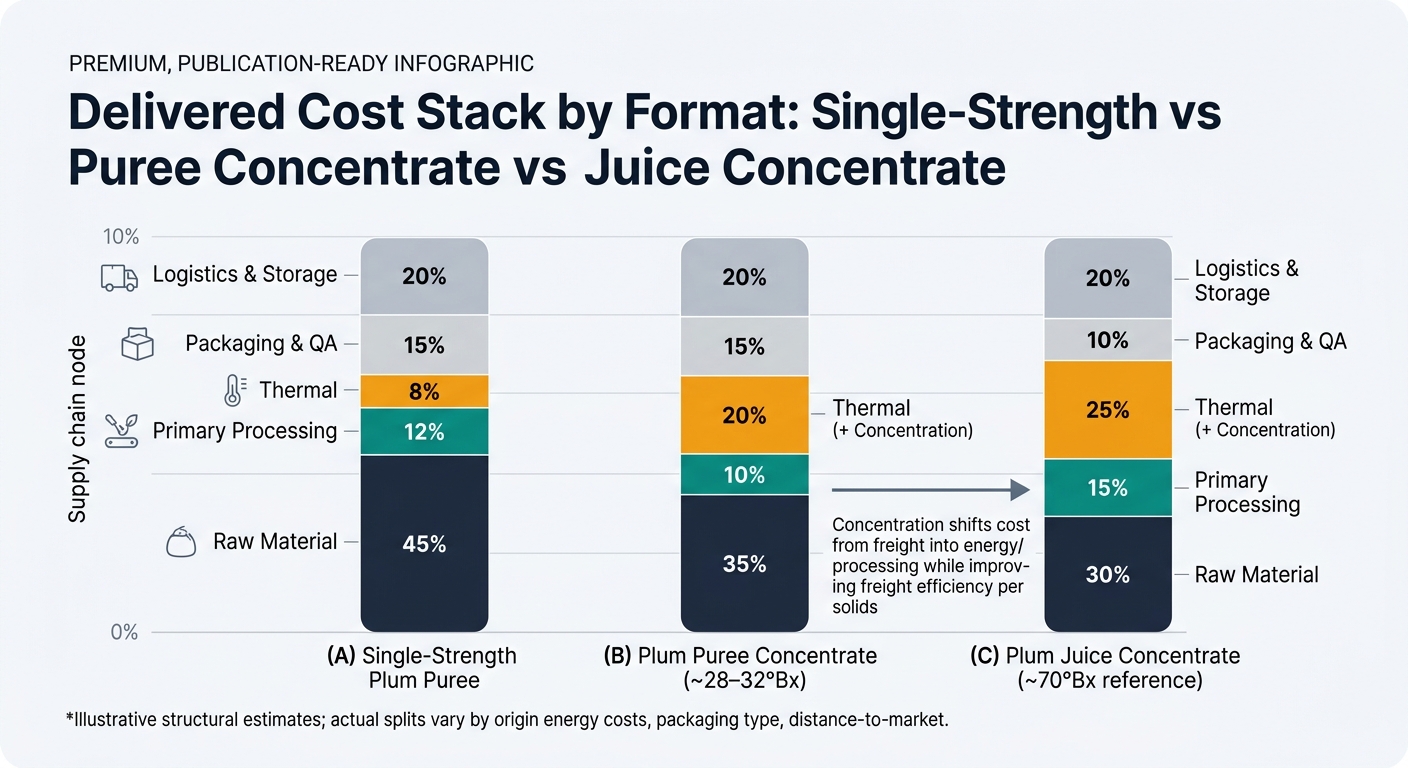 A stacked bar chart comparing delivered cost stacks for (A) Single-Strength Plum Puree, (B) Plum Puree Concentrate (~28–32°Bx), and (C) Plum Juice Concentrate (~70°Bx reference), segmented by Raw Material, Primary Processing, Thermal (+ Concentration where applicable), Packaging & QA, and Logistics & Storage, with segment labels matching the article’s percentage ratios and a callout showing concentration shifts cost from freight into energy/processing while improving freight efficiency per solids.