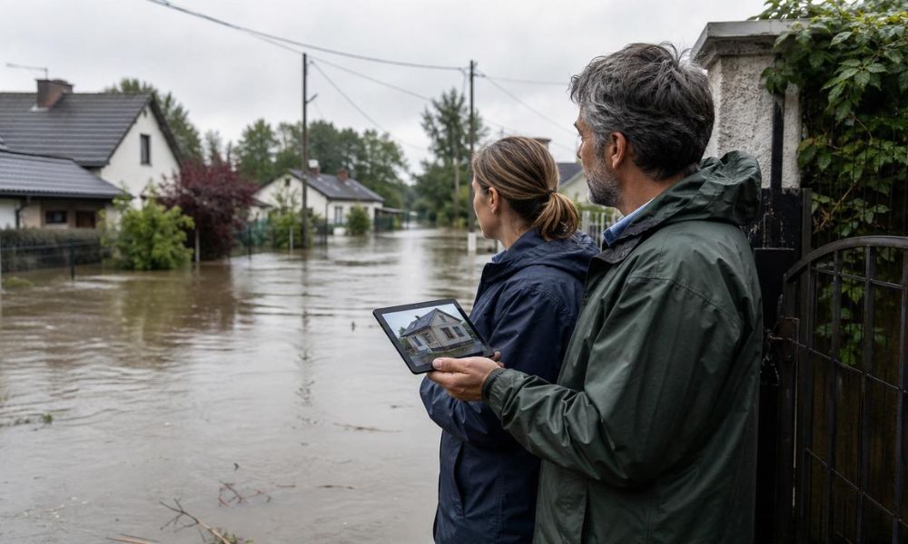 una calle inundada con dos personas con una tabler