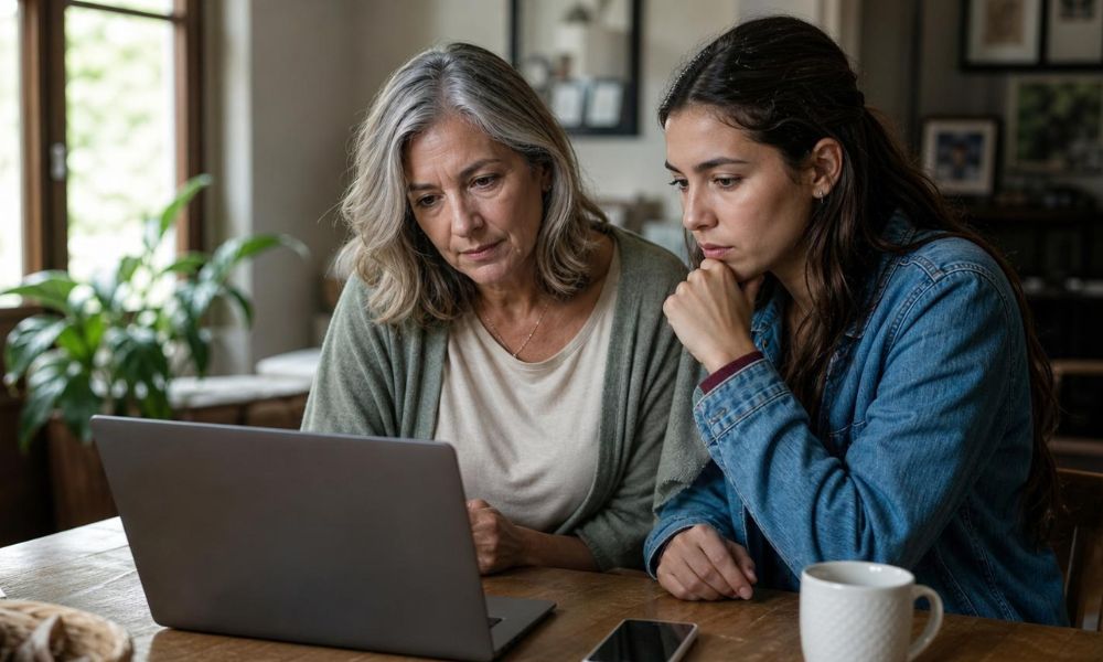 dos mujeres sentadas delante de un portatil