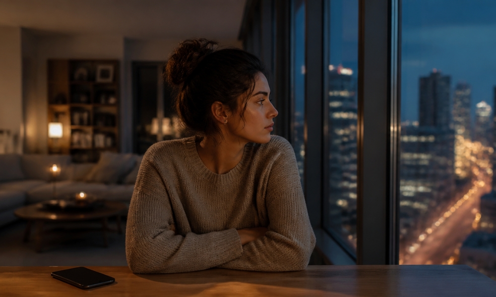 una chica sentada sola mirando por una ventana con aire melancolico