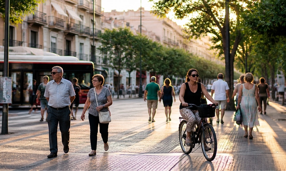 una calle peatonal en la que conviven viandantes y ciclistas, al fondo se ve un autobus eléctrico