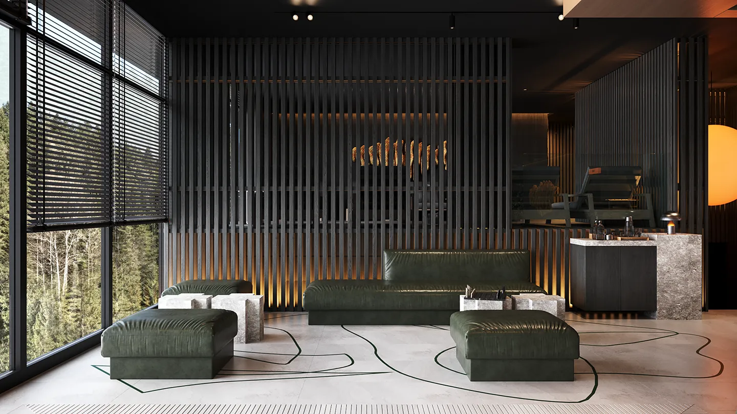 Сучасна вітальня з великими вікнами, зеленими шкіряними диванами та кухонною зоною з бетонною стільницею.