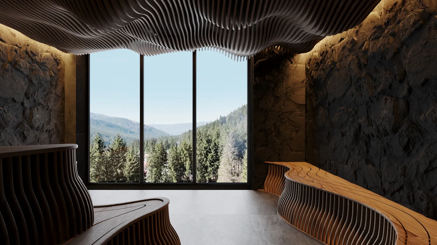 Інтер'єр кімнати з дерев'яними вигнутими панелями та великими вікнами з видом на лісисті гори.