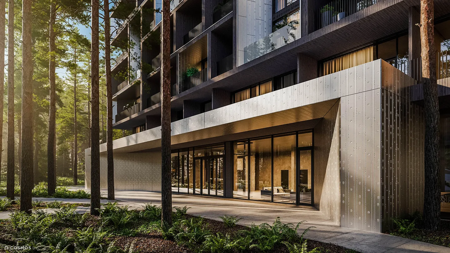 Сучасна будівля з великими вікнами в лісі серед високих сосен і густої зелені.