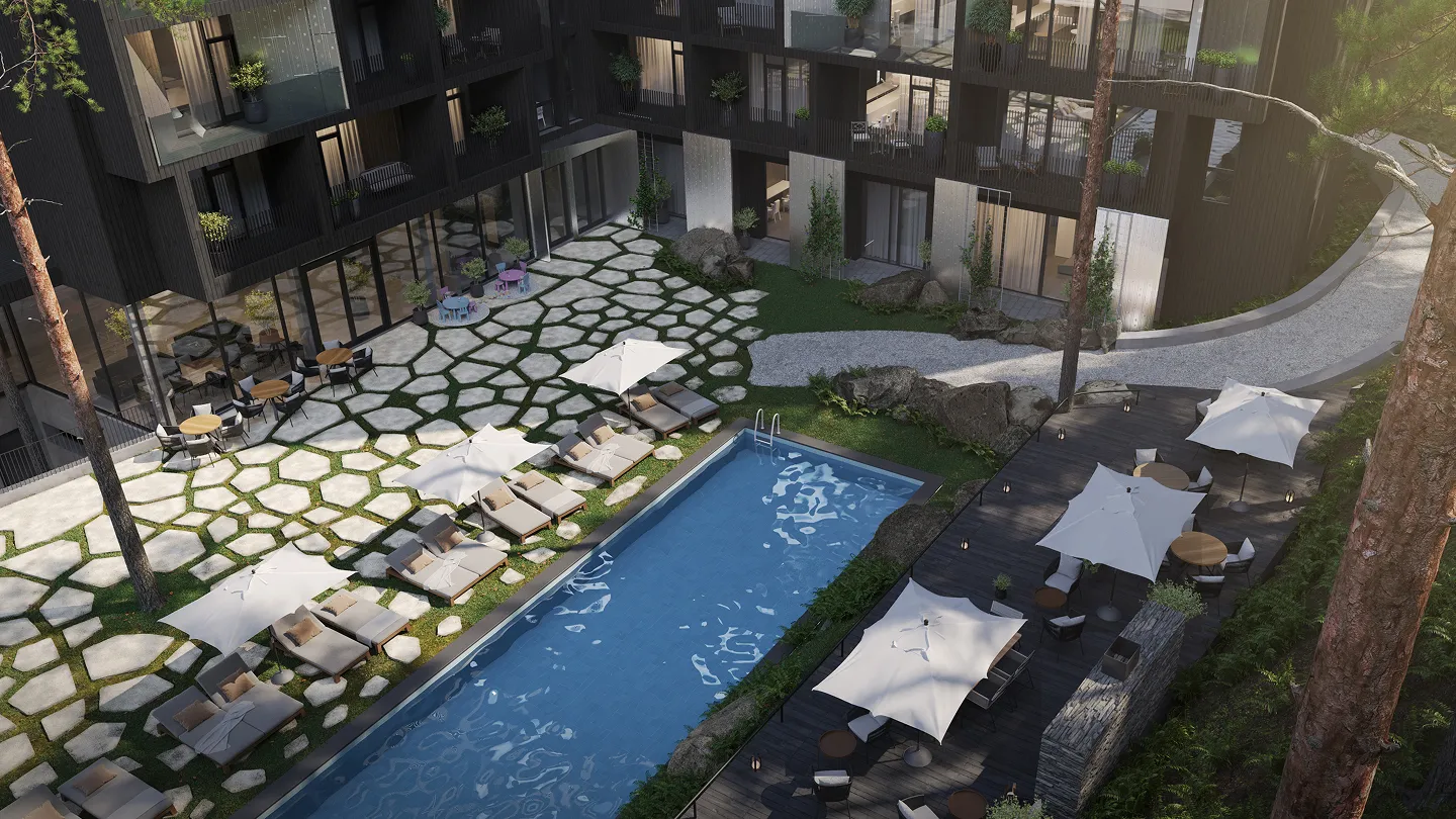 Сучасний житловий комплекс із відкритим басейном, шезлонгами під білими парасолями та відкритою просторою терасою з столами і стільцями.