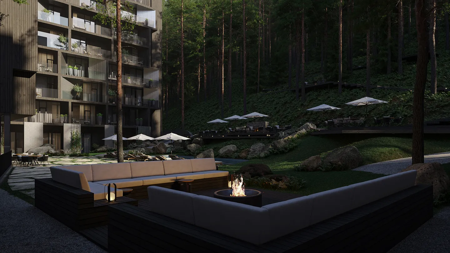 Сучасна відкрита зона відпочинку з дерев'яними диванами навколо каміна на відкритому повітрі в лісі біля багатоповерхівки.