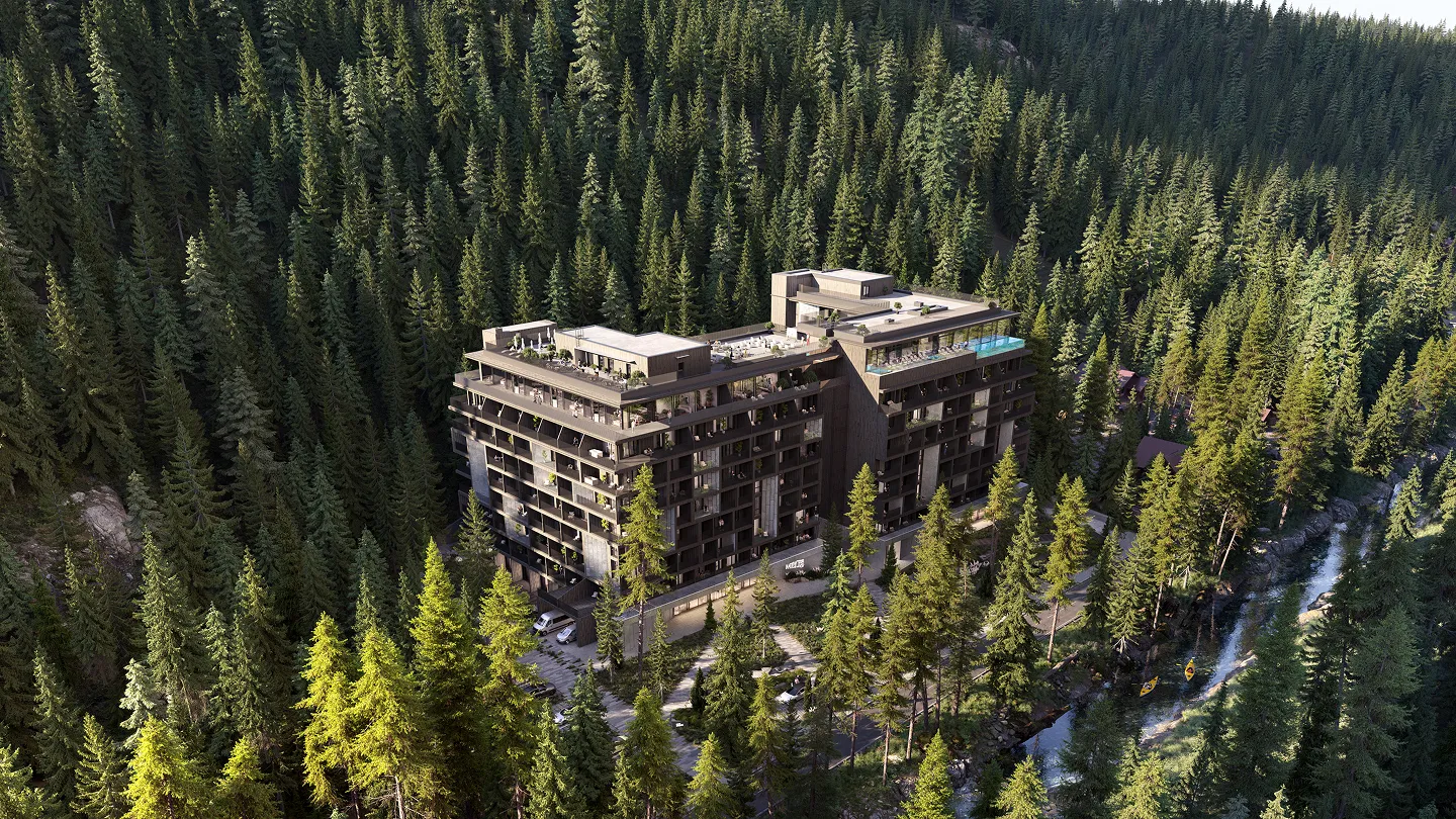 Сучасний багатоповерховий будинок серед густого хвойного лісу поруч із річкою з двома каяками.