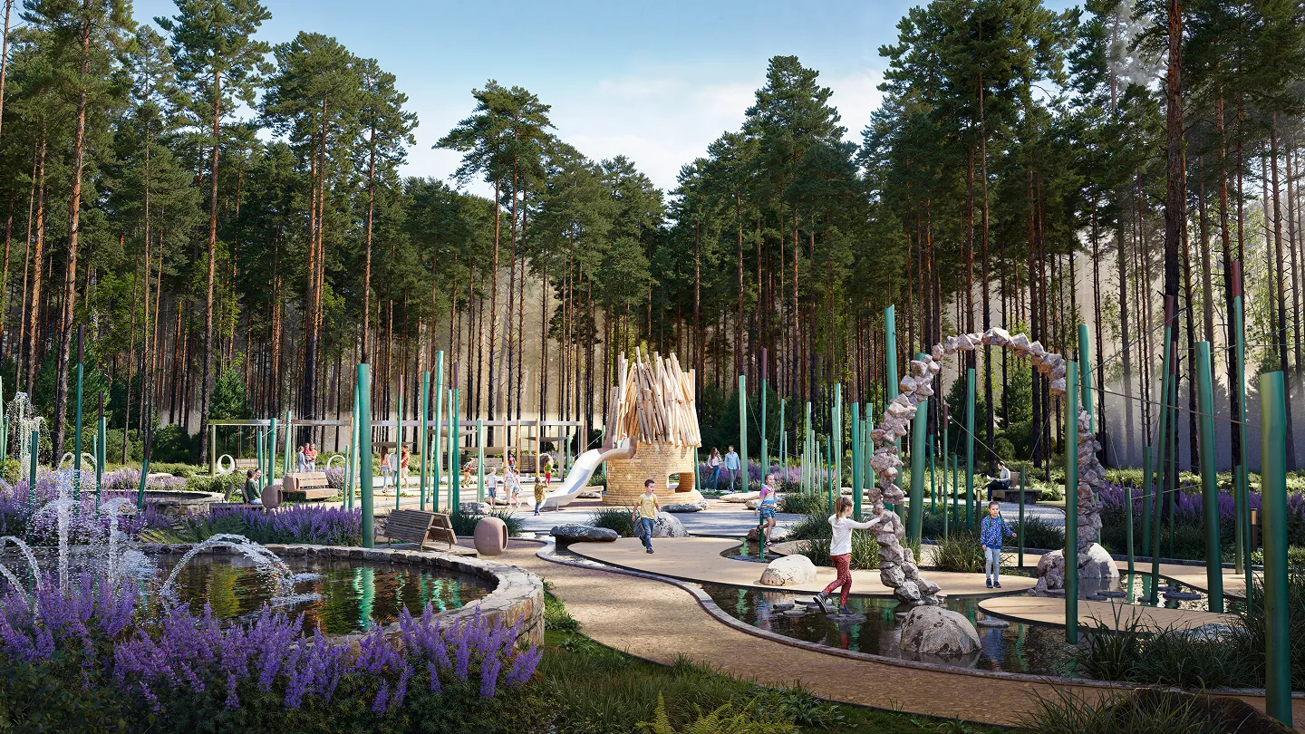 Дитячий ігровий майданчик серед соснового лісу з гіркою, фонтаном і доріжками, де граються діти.