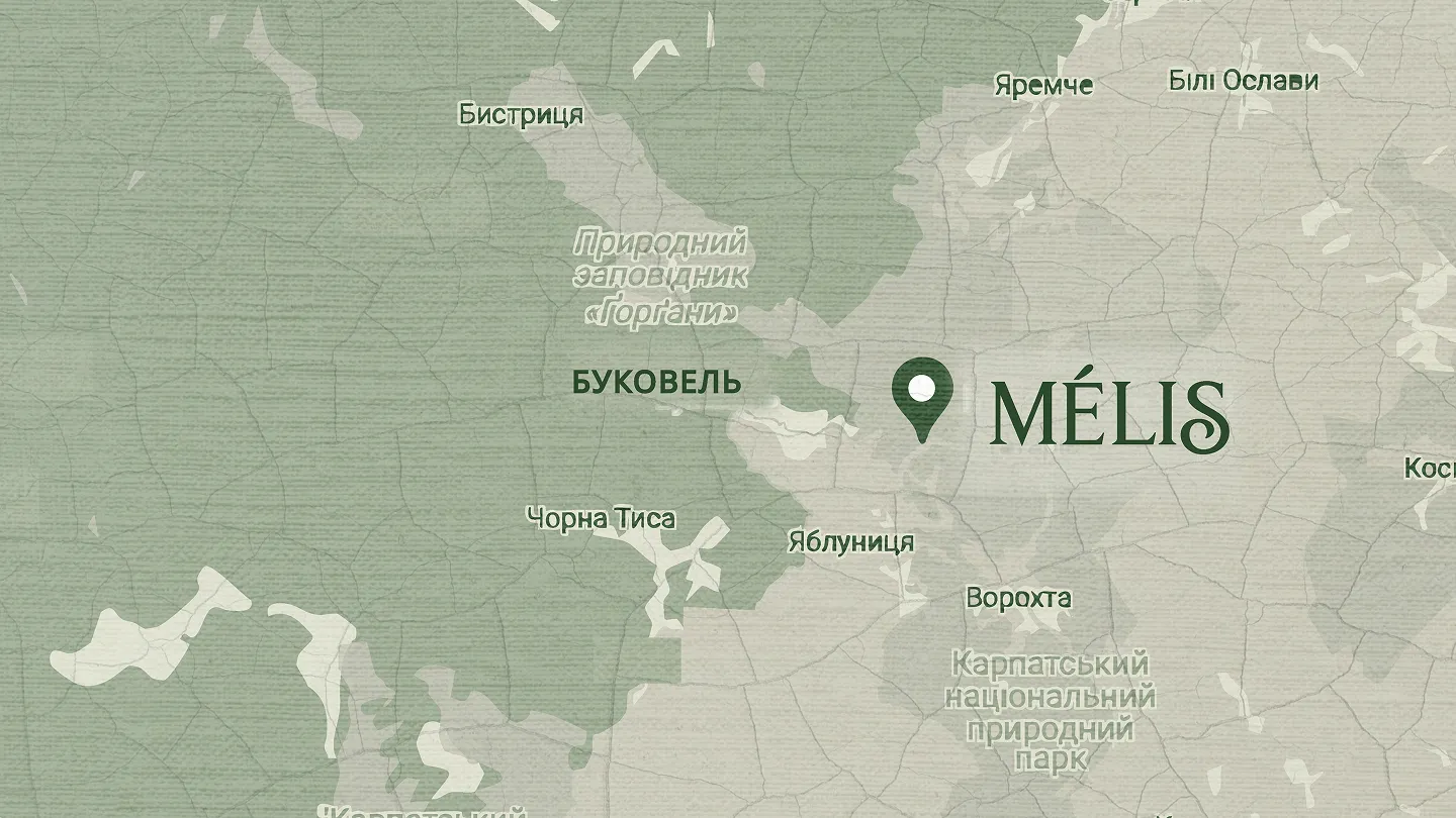 Карта Карпатського регіону з позначками міст Буковель, Яблуниця, Ворохта, Яремче, Біли Ослави та природних парків Горгани і Карпатський національний природний парк з розташуванням MÉLIS.