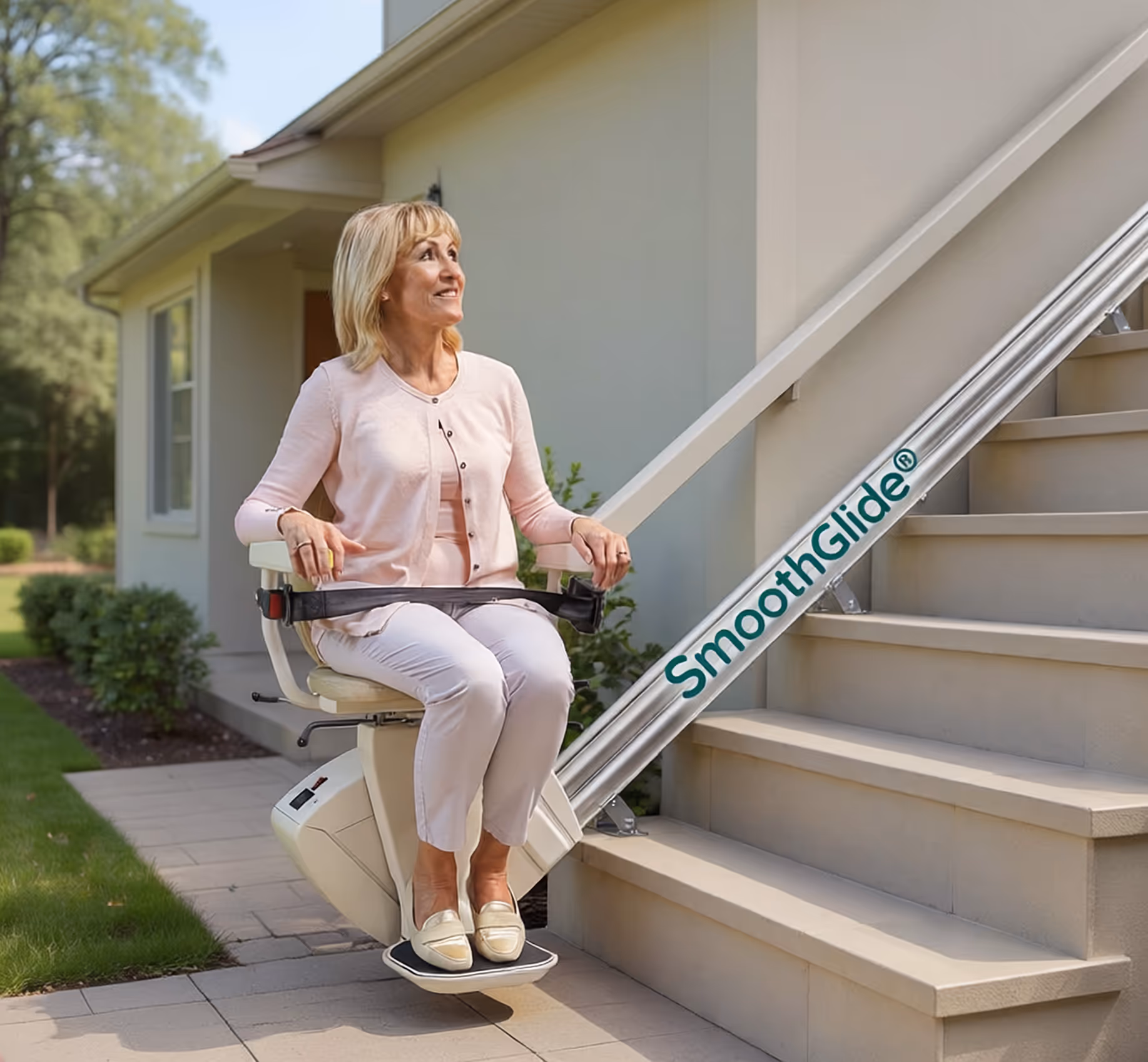 Woman sitting on a SmoothGlide stairlift outdoors next to a house staircase.