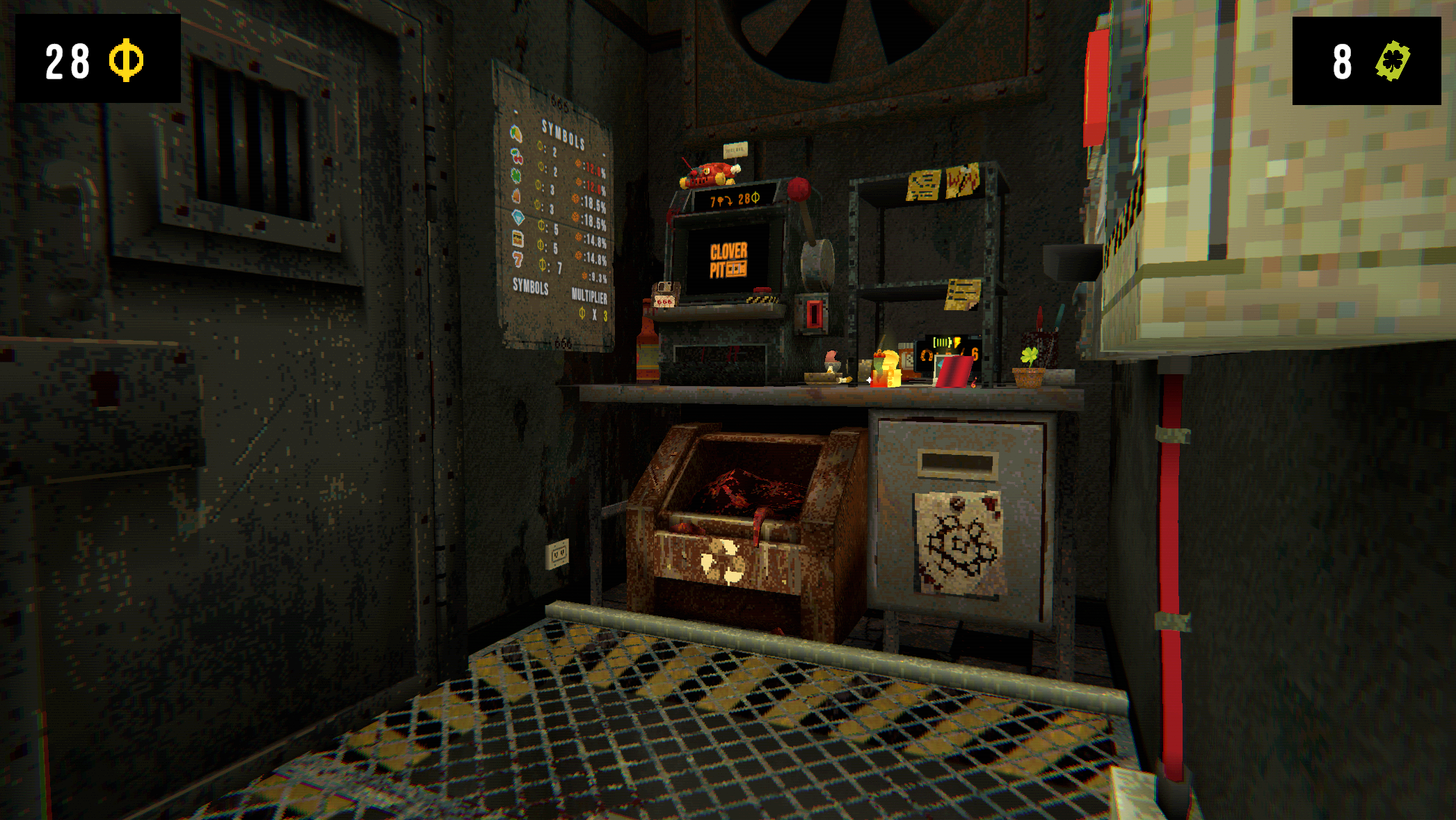 Überblick über den Spielraum mit einem Spielautomaten, einem Schlachtabfall-Container und mehreren industriellen Geräten in einer heruntergekommenen Umgebung.