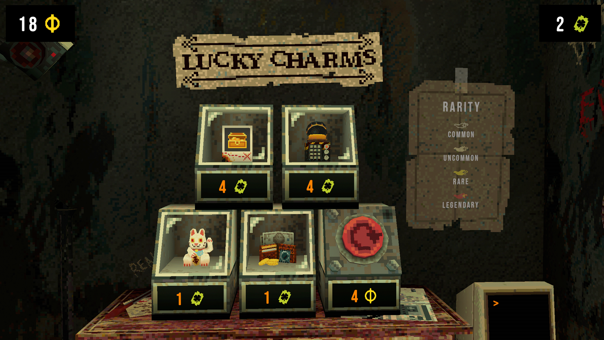 Auswahlbildschirm mit verschiedenen „Lucky Charms“ zum Kauf, darunter eine Winkekatze, ein Safe und ein großer roter Knopf; rechts eine Seltenheitsanzeige.