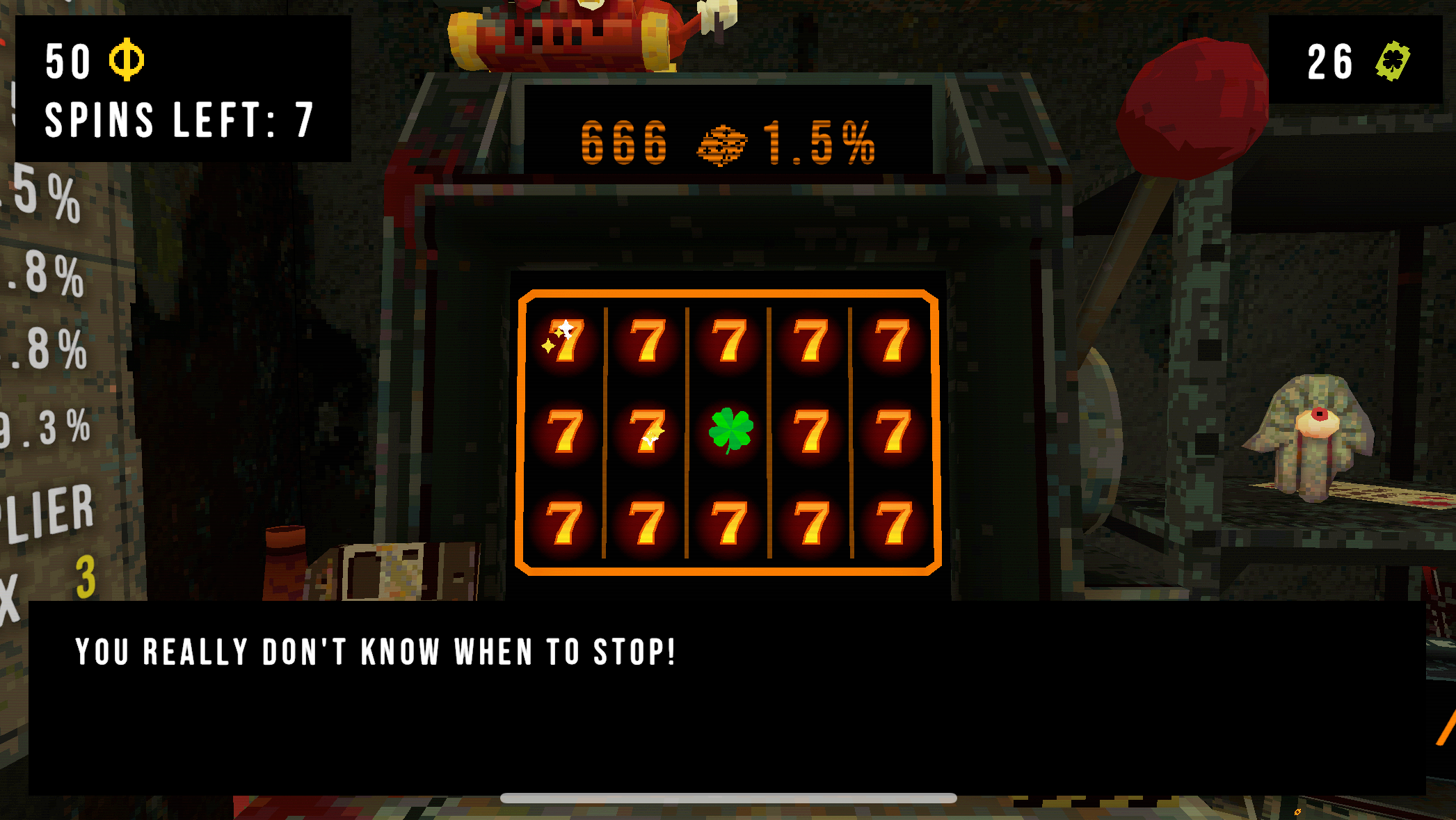 Spielautomat mit einer Gewinnkombination aus Siebenern und einem Kleeblatt-Symbol; eine Nachricht darunter warnt: „You really don’t know when to stop!“