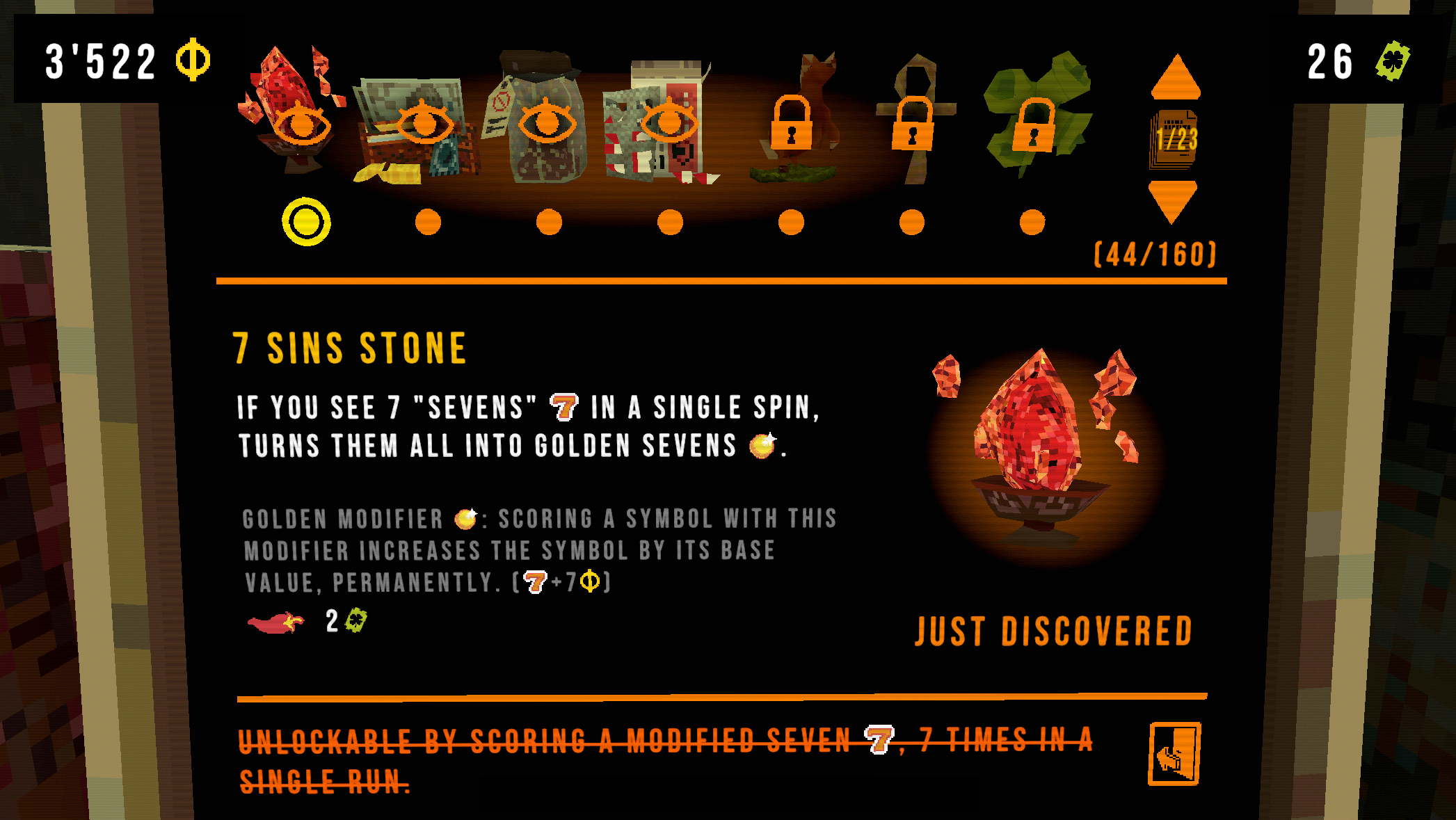 Belohnungsbildschirm zeigt das Item „7 Sins Stone“ mit Beschreibung, wie es durch das Erreichen von sieben „7“-Symbolen in einem Spin freigeschaltet wird.