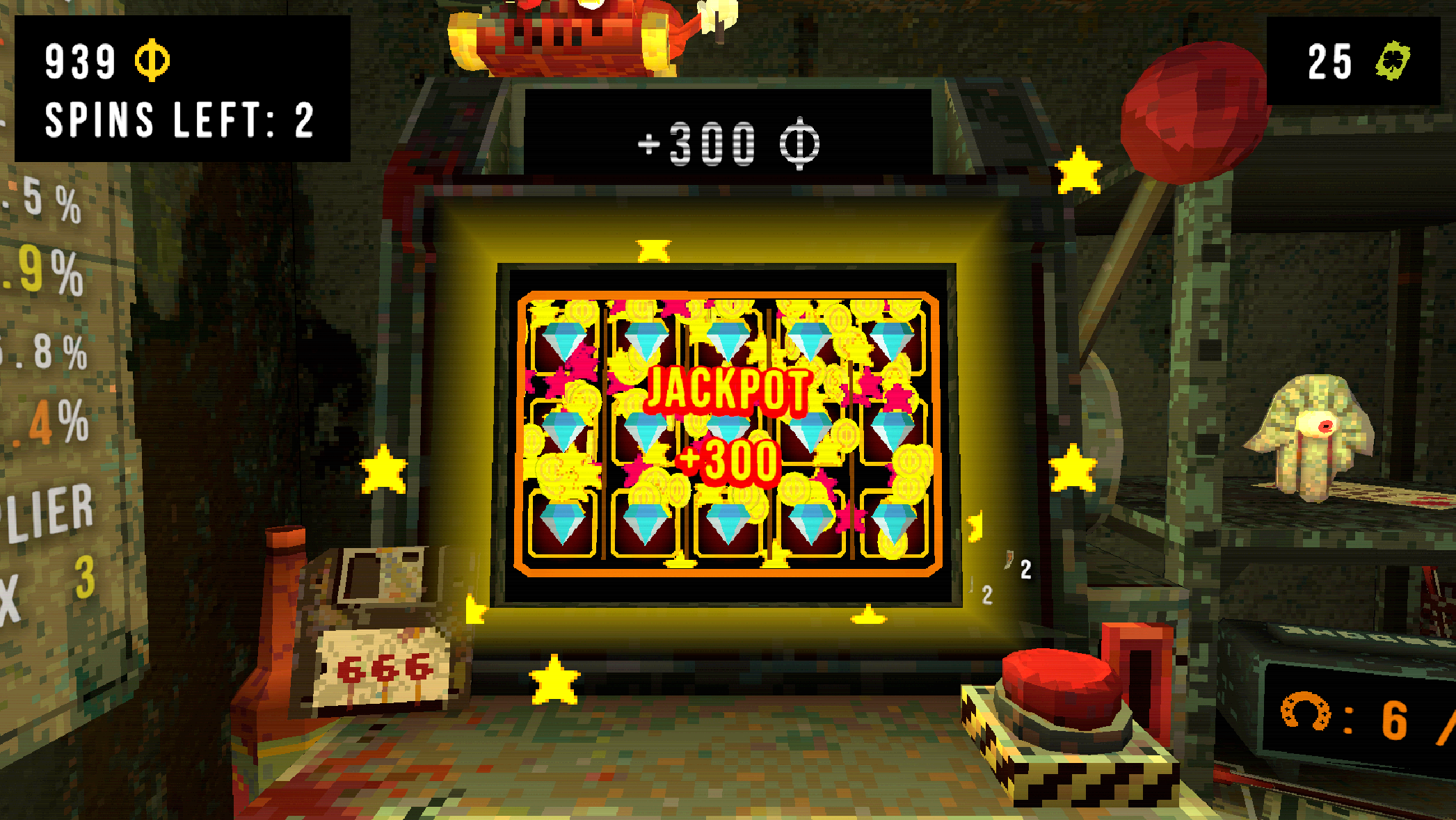 Spielautomaten-Display zeigt einen Jackpot-Gewinn mit leuchtenden Diamanten und goldenen Symbolen; umrahmt von funkelnden Sternen.