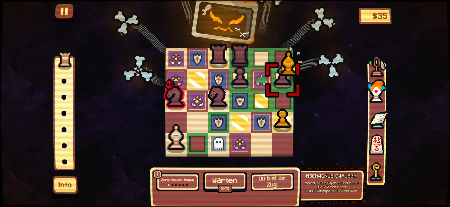 Boss-Fight gegen Mech4gnus Carlsen auf einem mit Gambit-Feldern überladenen Brett.