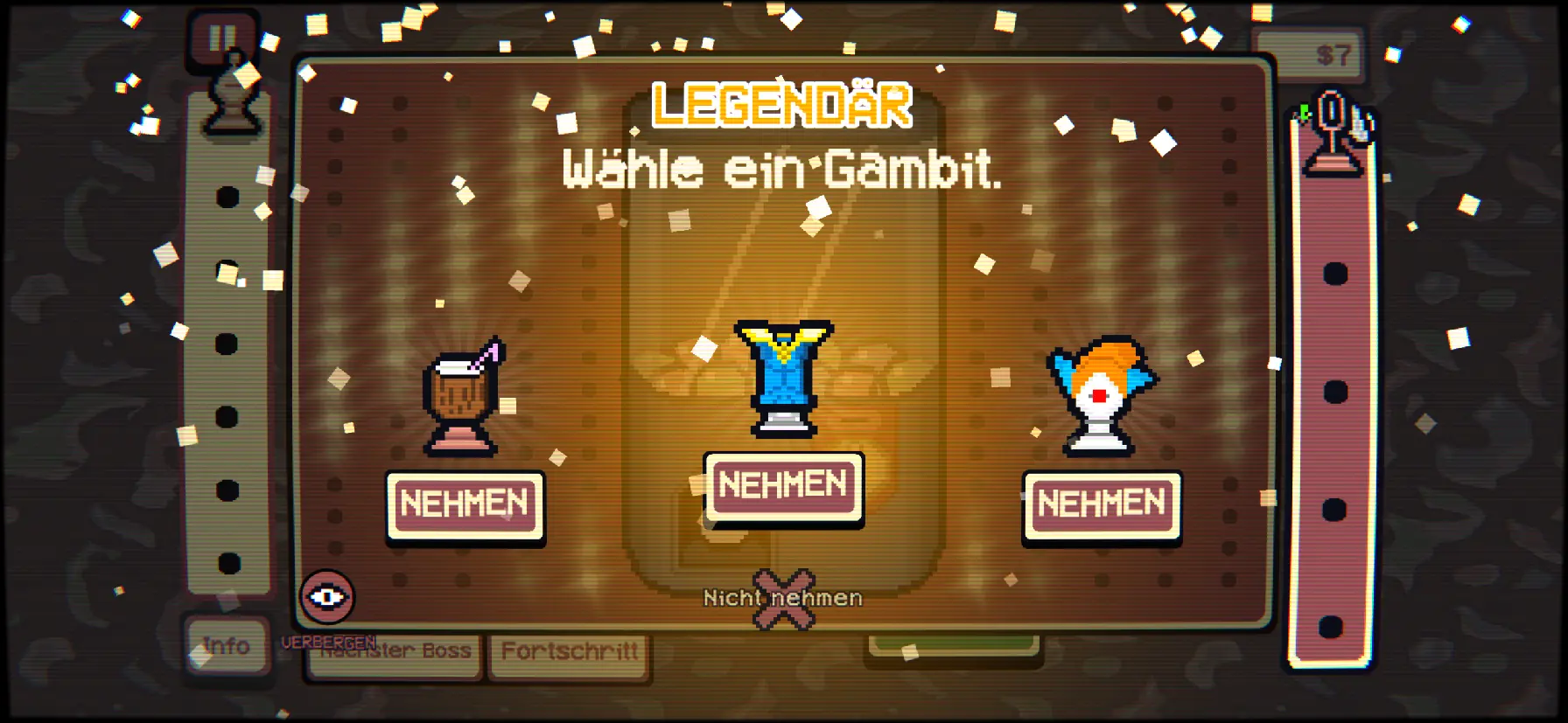 Auswahl eines legendären Gambits aus drei Optionen – oder die Wahl, keines zu nehmen.