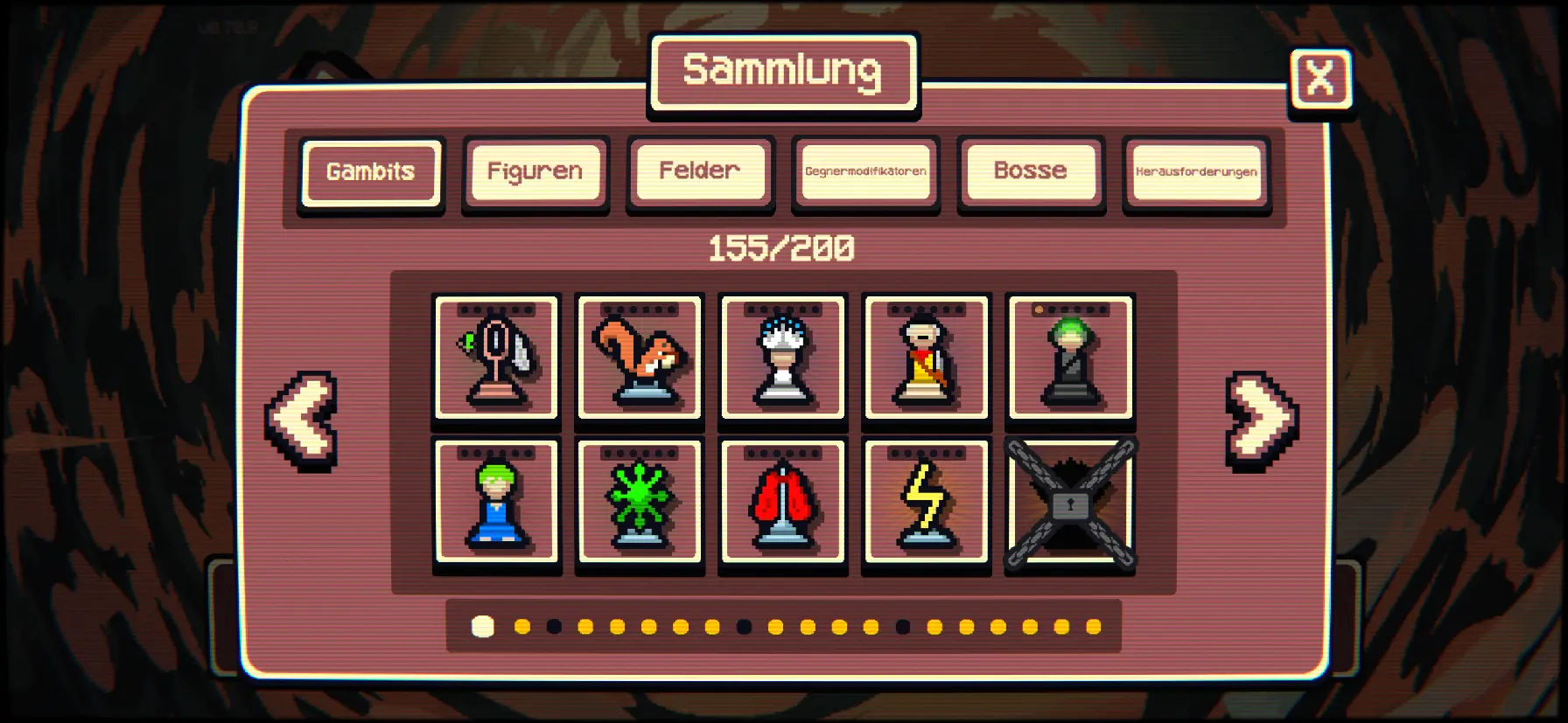 Sammlungs-Übersicht mit 155 von 200 freigeschalteten Items, sortiert nach Gambits, Figuren, Feldern, Bossen und Herausforderungen.