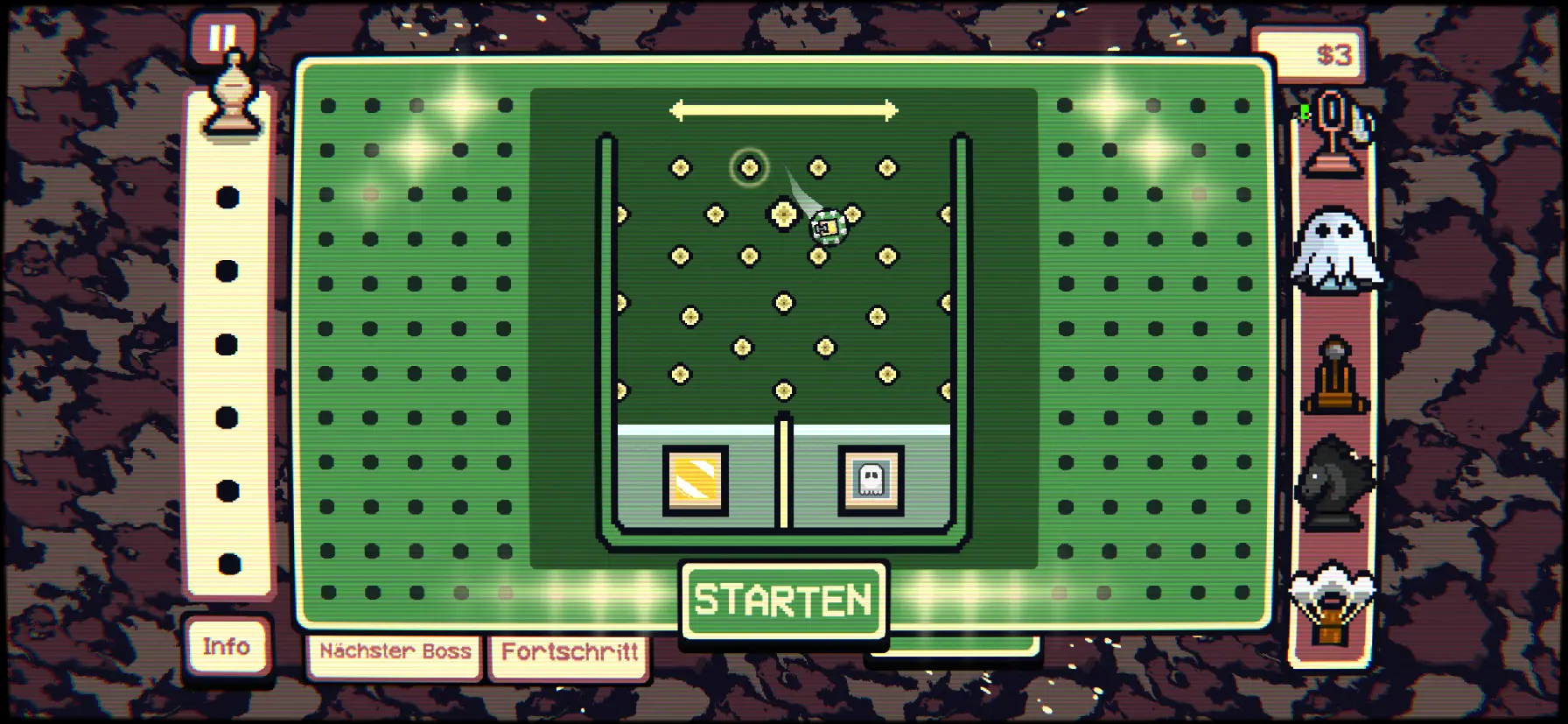 Pachinko-Mini-Game: Ein Token fällt durch ein Stiftefeld in eines von zwei Auffangbecken. 