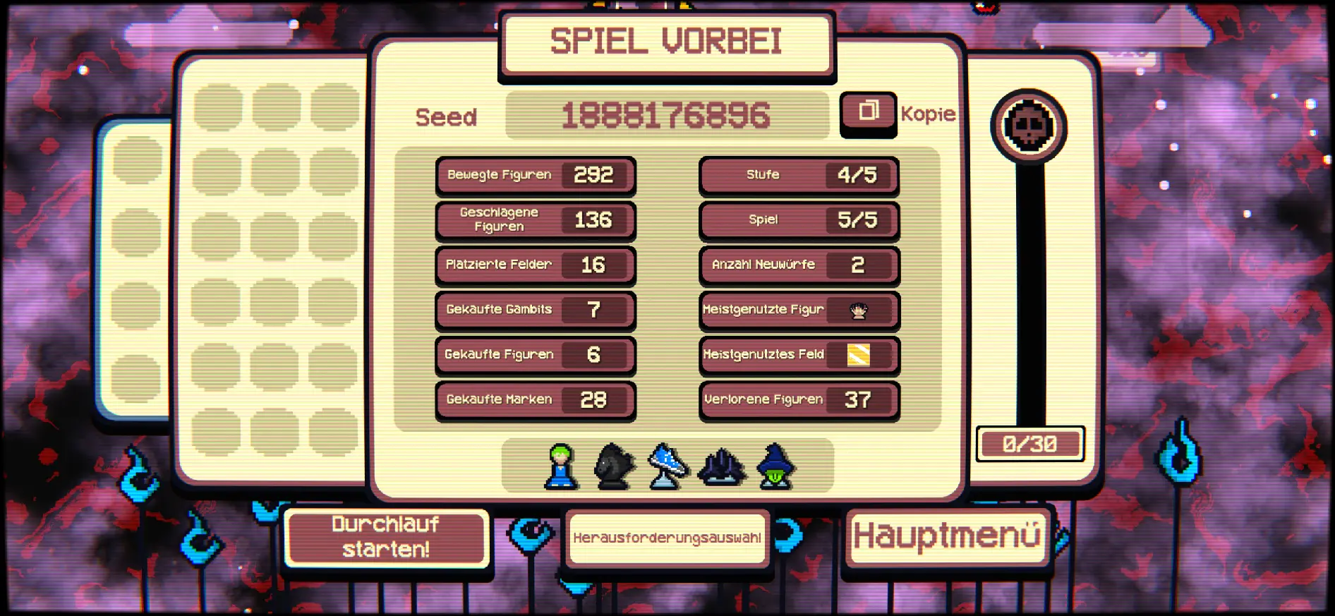 End-Statistik nach dem Run: 292 bewegte Figuren, 136 geschlagene, 7 gekaufte Gambits, Stufe 4/5.