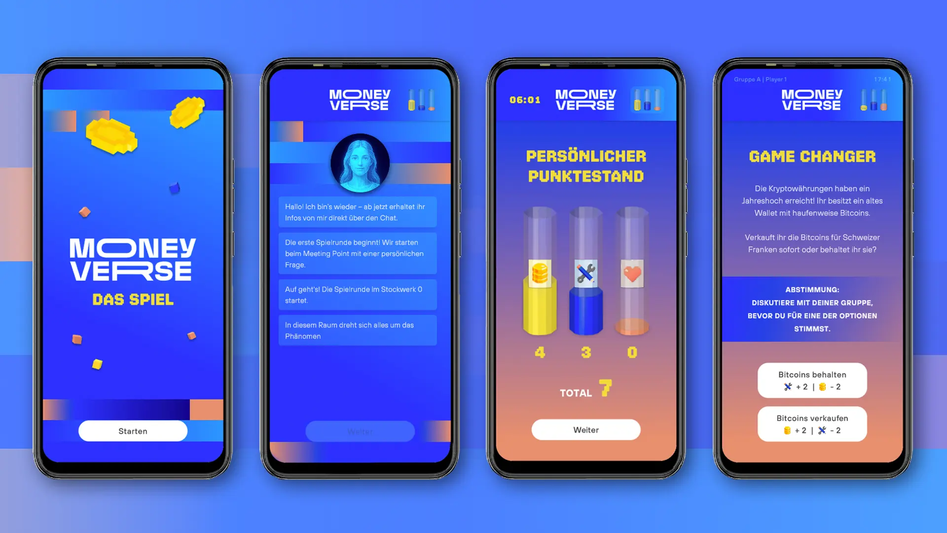 Mediaguide-Screens: Startbildschirm, Chat-Begleitung durch Fortuna, persönlicher Punktestand in Money, Skill und Social sowie eine Game-Changer-Abstimmung.