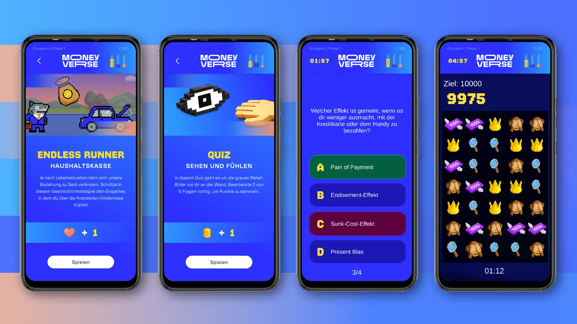 Die Challenges im Mediaguide: Endless Runner zur Haushaltskasse, Quiz-Intro „Sehen und Fühlen", eine Multiple-Choice-Quizfrage und das Match-3-Spielfeld mit Punkteziel und Countdown.