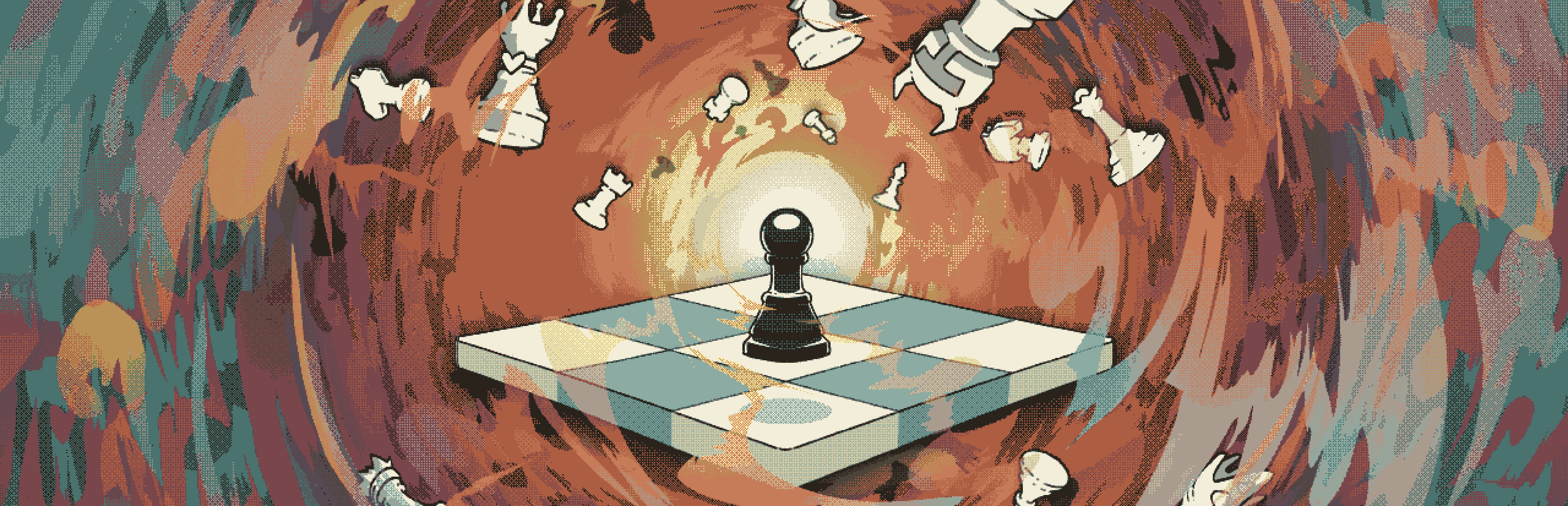 Gambonanza Key Art mit kleinem Schachbrett und einer schwarzen Bauer Schachfigur in der Mitte des Schachbretts. Umringt von einem Strudel mit fliegenden Schachfiguren auf einem psychodelischen Hintergrund.