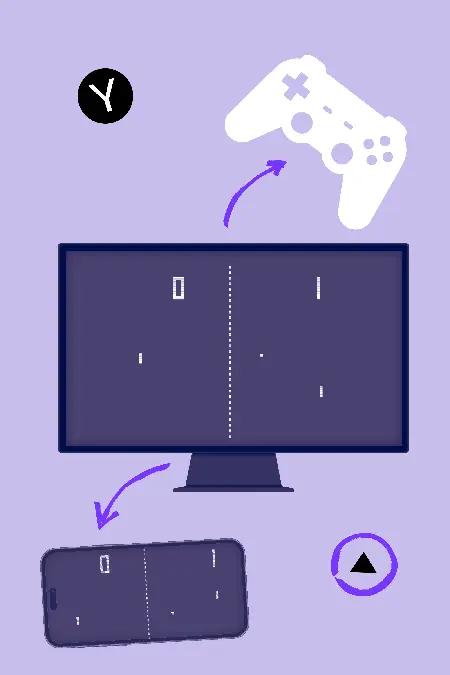 Collage mit Game Controller, Smartphone und PC Screen. 