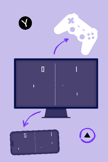 Collage mit Game Controller, Smartphone und PC Screen. 