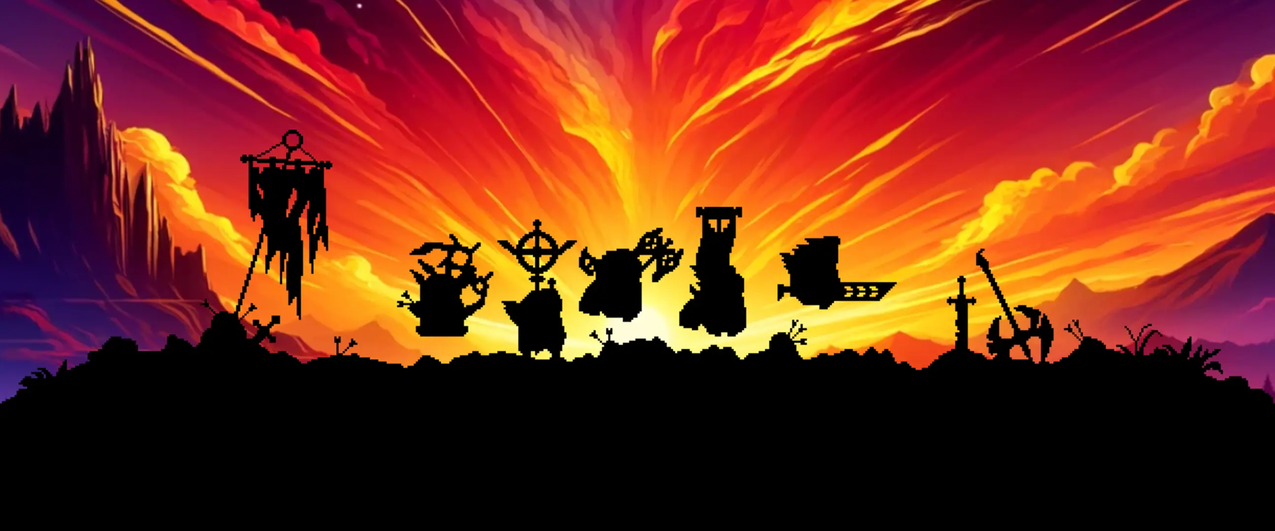 Eine Horde Zwerge als Silhouette for einem glühend rotem Himmel
