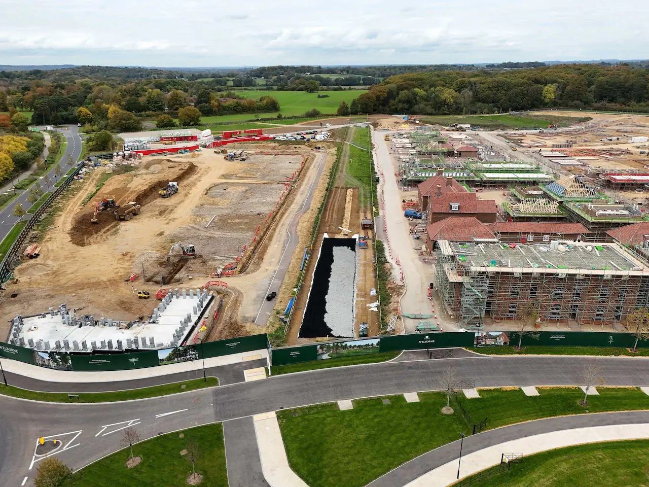 Aerial view of construction works and foamed glass aggregate at Welborne Garden Village, Hampshire.