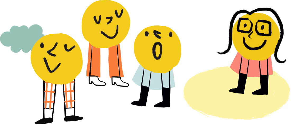 Illustration de quatre personnages avec des têtes rondes jaunes et des expressions faciales différentes, portant des pantalons ou jupes colorés et des bottes noires, sur fond transparent.