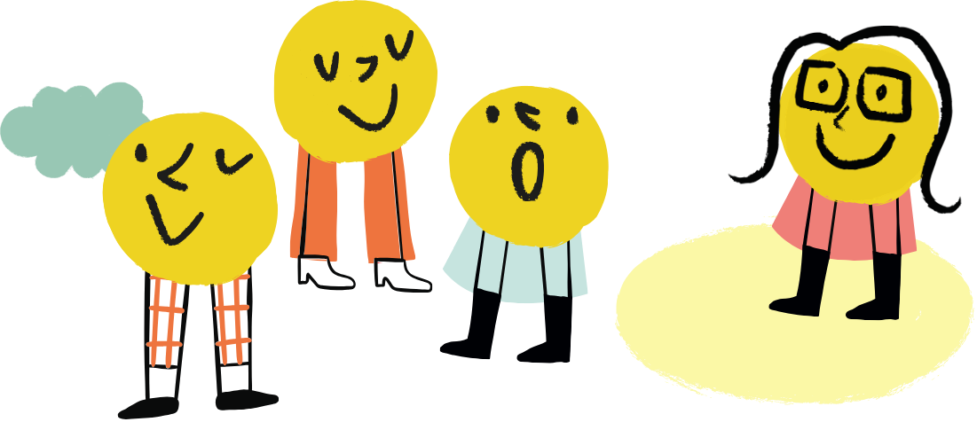 Illustration de quatre personnages avec des têtes rondes jaunes et des expressions faciales différentes, portant des pantalons ou jupes colorés et des bottes noires, sur fond transparent.