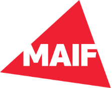Logo rouge triangulaire avec le texte blanc MAIF au centre.