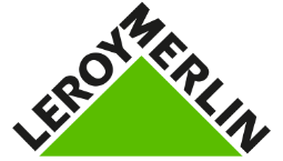 Logo Leroy Merlin en forme de triangle vert avec le texte LEROY MERLIN en gris autour du triangle.
