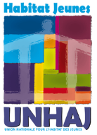 Logo coloré avec des formes abstraites représentant des maisons superposées en bleu, rouge, jaune, violet et vert; texte bleu en haut à gauche "Habitat Jeunes" et texte bleu en bas "UNHAJ" avec sous-texte "Union Nationale pour l'Habitat des Jeunes".