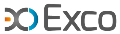 Logo Exco avec des formes en demi-cercles gris et bleu à gauche du texte 'Exco'.