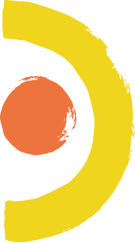 Forme abstraite composée d'un cercle rouge-orange partiellement entouré d'un arc de cercle jaune texturé sur fond noir.