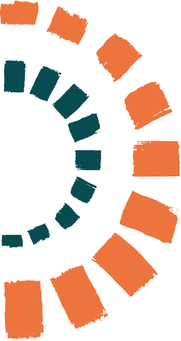 Design abstrait d'arcs de cercle composés de formes rectangulaires orange et bleu disposées en spirale partielle sur fond blanc.