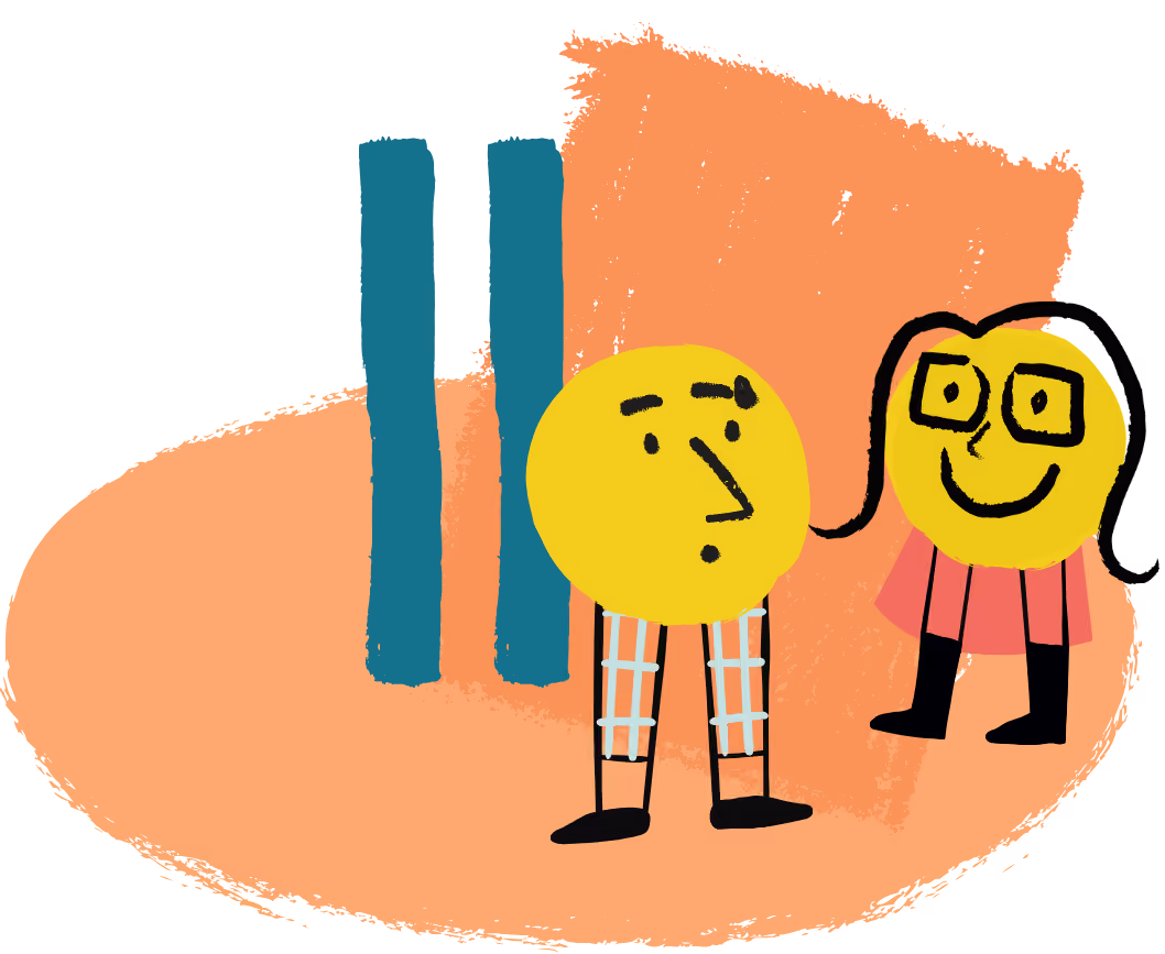 Illustration de deux personnages avec des têtes rondes jaunes : l'un a une expression songeuse avec des jambes à carreaux, l'autre sourit avec des lunettes et une jupe rose, sur un fond abstrait orange et deux lignes bleues.