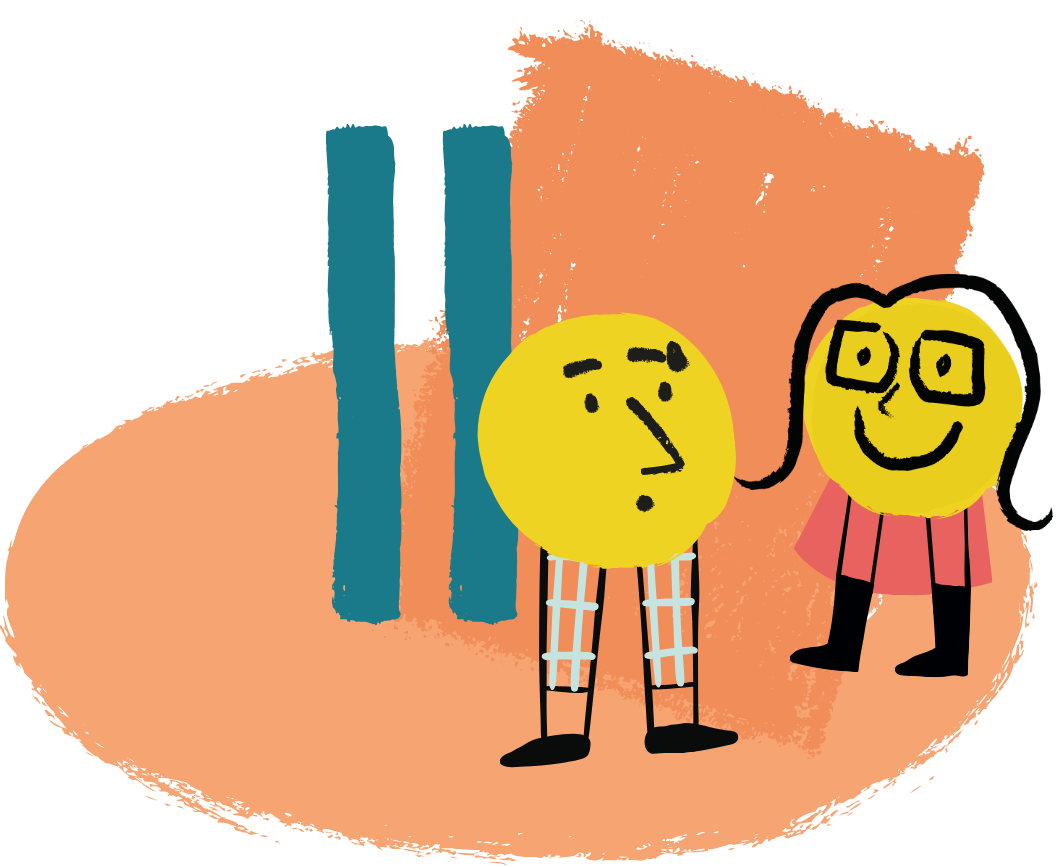Illustration de deux personnages avec des têtes rondes jaunes : l'un a une expression songeuse avec des jambes à carreaux, l'autre sourit avec des lunettes et une jupe rose, sur un fond abstrait orange et deux lignes bleues.