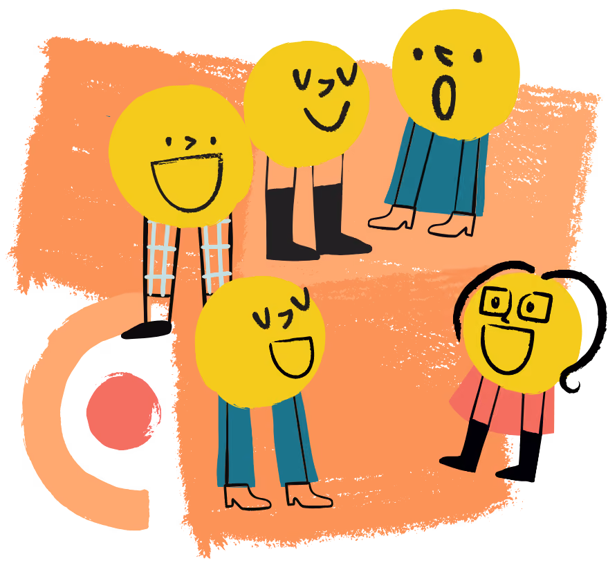Illustration de cinq visages jaunes souriants ou surpris avec des jambes humaines vêtues de pantalons, jupes et chaussures, sur un fond orange abstrait.