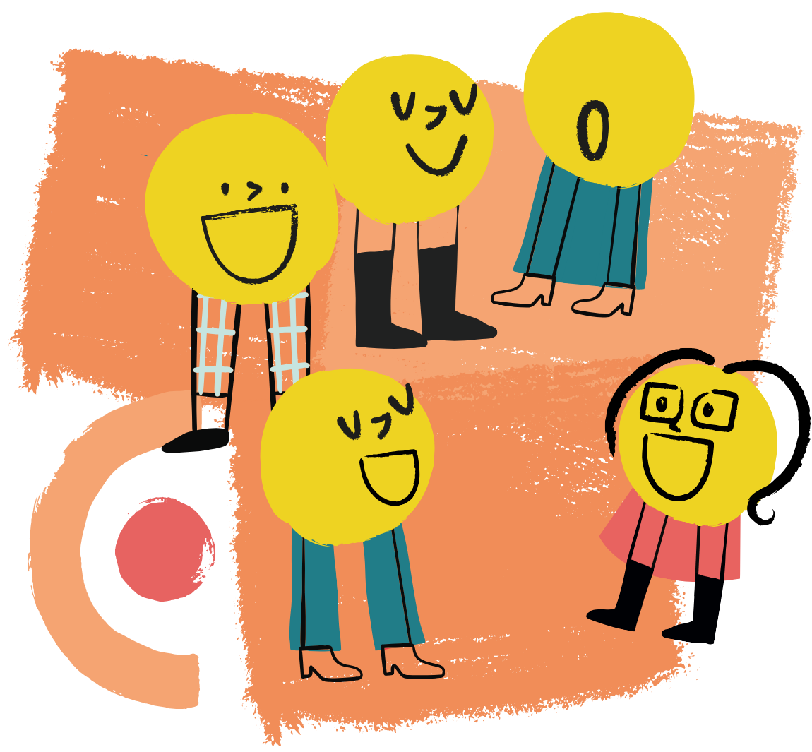 Illustration de cinq visages jaunes souriants ou surpris avec des jambes humaines vêtues de pantalons, jupes et chaussures, sur un fond orange abstrait.