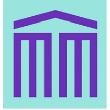 Icône violette représentant un bâtiment de style temple grec avec un toit triangulaire et quatre colonnes sur fond bleu clair.
