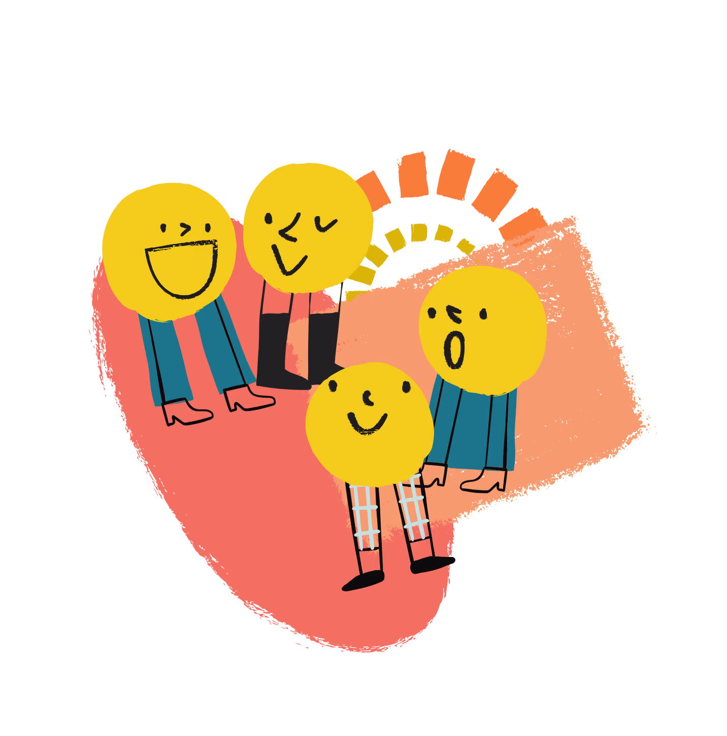 Quatre personnages stylisés avec des visages ronds jaunes et des expressions variées : l'un rit, un autre fait un clin d'œil, un troisième sourit, et le dernier a la bouche ouverte comme surpris, tous debout sur un fond artistique rouge et orange avec des motifs décoratifs au-dessus.
