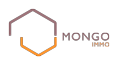 Logo géométrique avec une maison stylisée en lignes noires et oranges et le texte « MONGO IMMO » à droite.