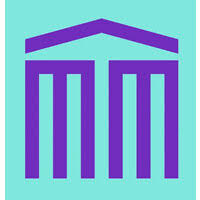Icône violette d'un temple ou bâtiment avec quatre colonnes verticales et un fronton triangulaire sur fond bleu clair.