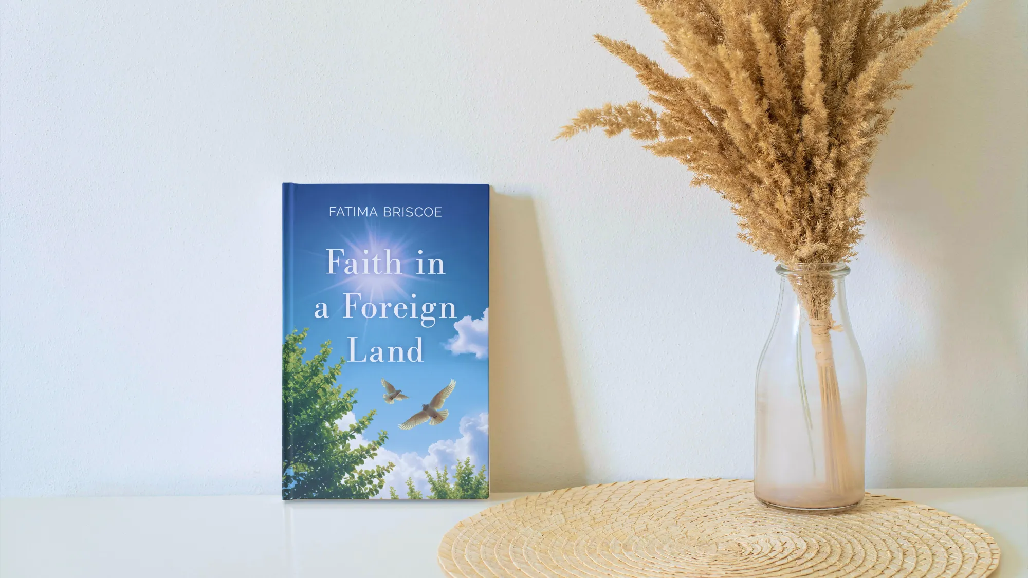 A book sitting on a table next to a vase with a plant.