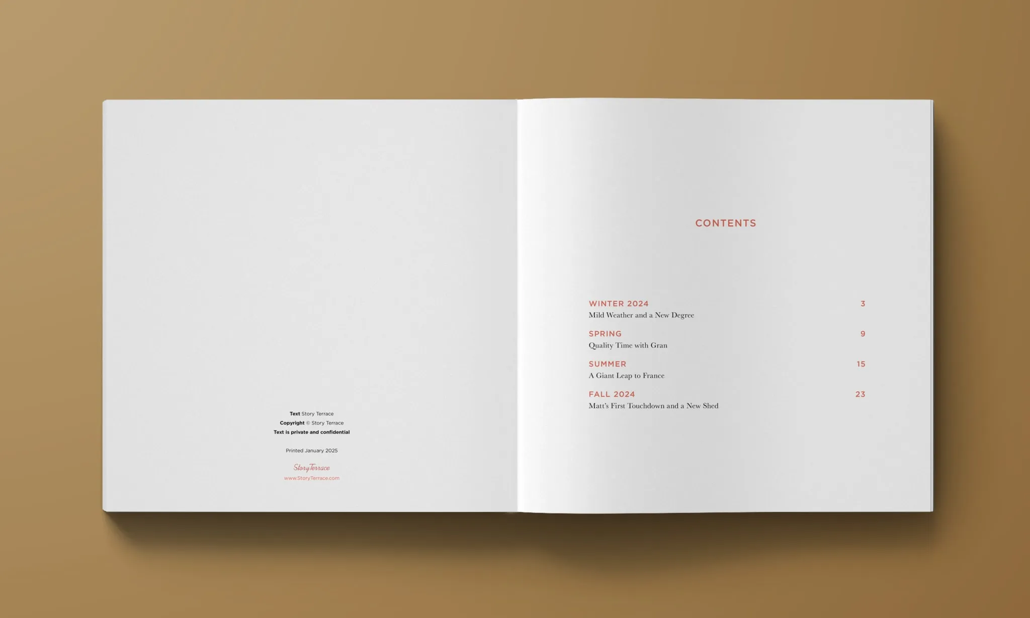 StoryTerrace - Books That Matter - Open album showing copyright page and table of contents.